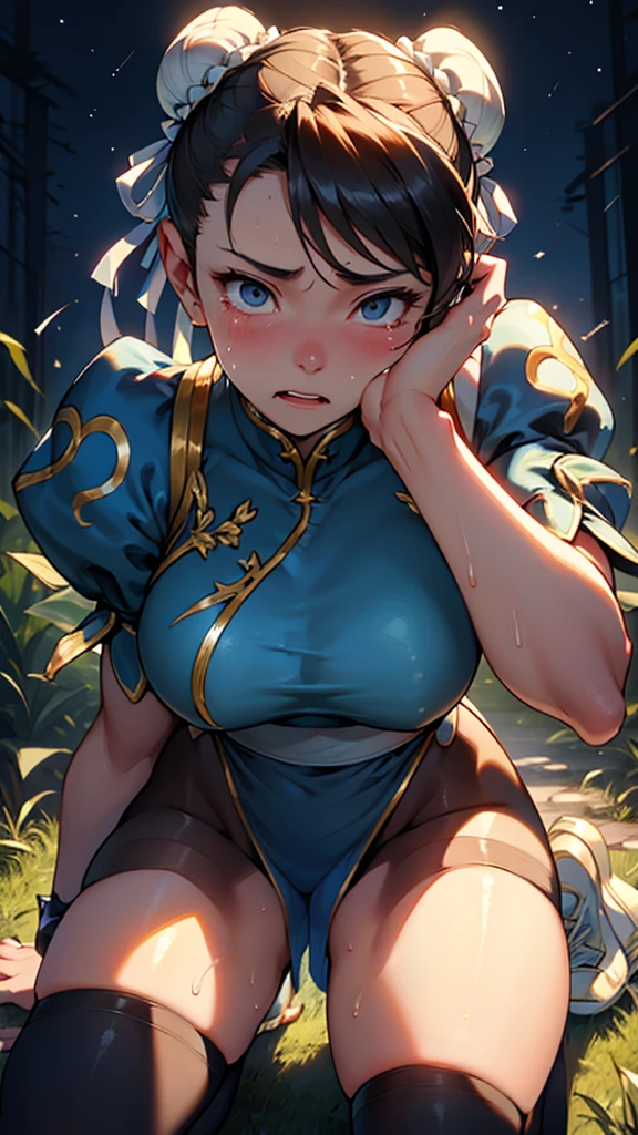 Chunli,Beautiful young woman in classic blue uniform,, beautiful and sexy thighs,A little muscular, Tied Hair, black tights, forest,Night starry sky, independent.alone,Kneel on the ground and apologize, Hands on the ground、 On the faceは傷だらけ、Skin shiny with sweat、、 In tears、My eyes get wet and pop out, Real tears running down my face, Very fine eye,,Expression of despair,Lighting that highlights shiny sweat{{{Spread the word }}},was furious, bandaid On the face,Shabby clothing、 On the face