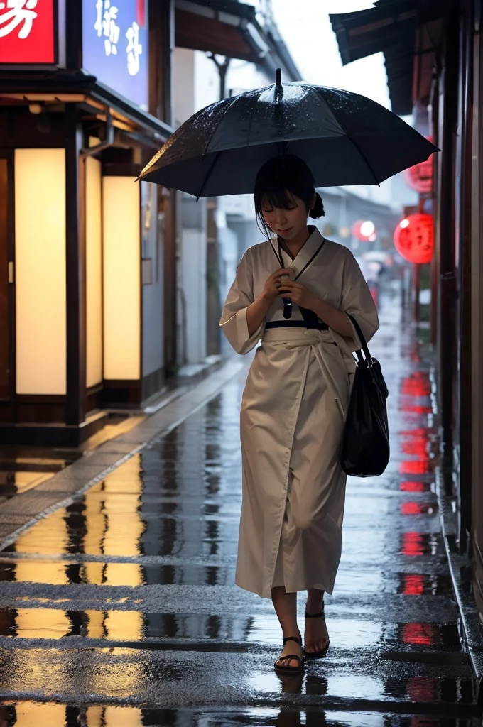 Japanese woman holding a sake cup umbrella during a typhoon、soaked,heavy rain,storm