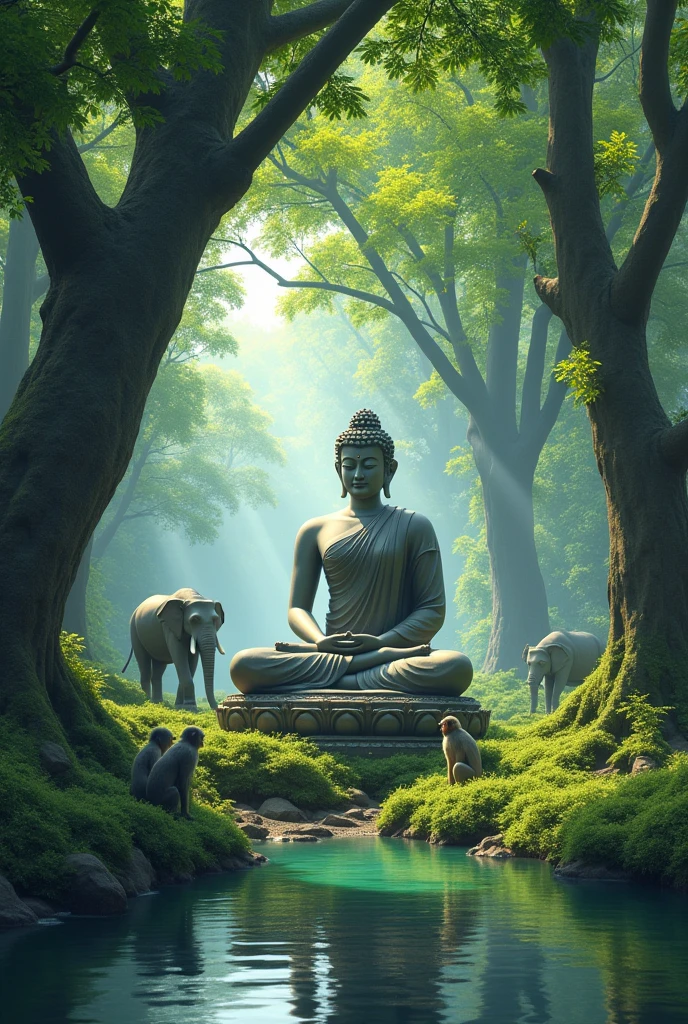 buddha seat under trees next to the river, there are monkeys and elephants