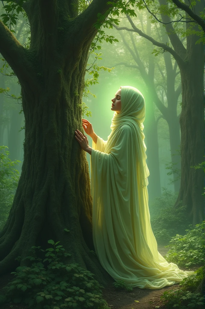 A female tree spirit with full hijab and she is touching her tree and she had a soft green aura around her