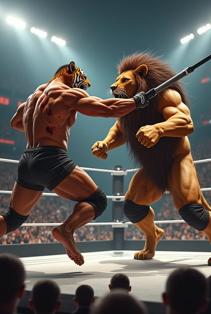 In a WWE ring, a tiger with a human muscular body is delivering a spear move to a lion with a human muscular body. The tiger has an intense, striped face and a muscular build, but it is visibly injured, with scratches, blood, and a pained expression. Despite its injury, it charges forward with its shoulder aimed at the lion's midsection. The lion, with a fierce face, thick mane, and powerful, muscular body, is being lifted off the ground from the impact. The WWE ring is surrounded by a cheering crowd under bright stadium lights, adding to the intensity and drama of the match."