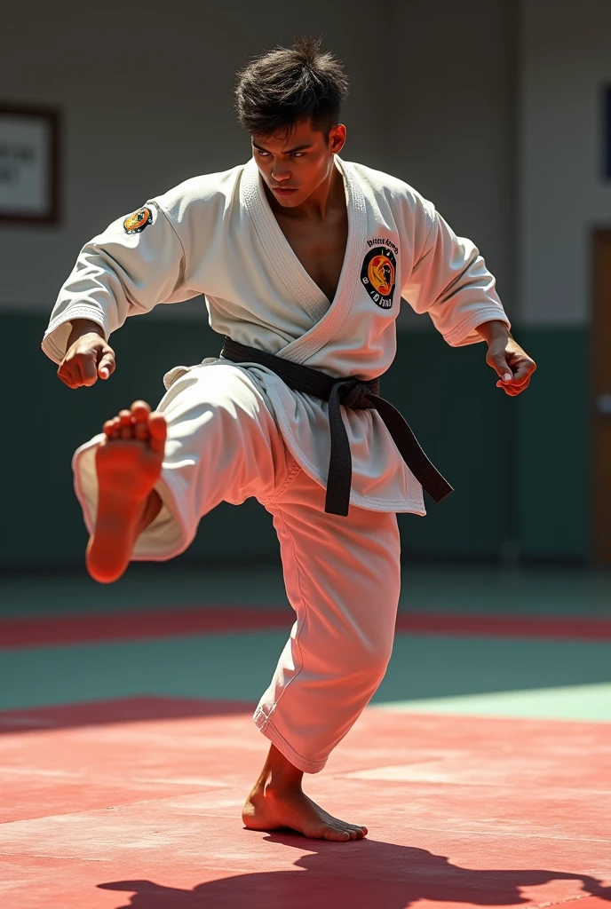 Young man doing kick on kumita mat thats have very muscular muscels wearing karate uniform with vaibhav logo