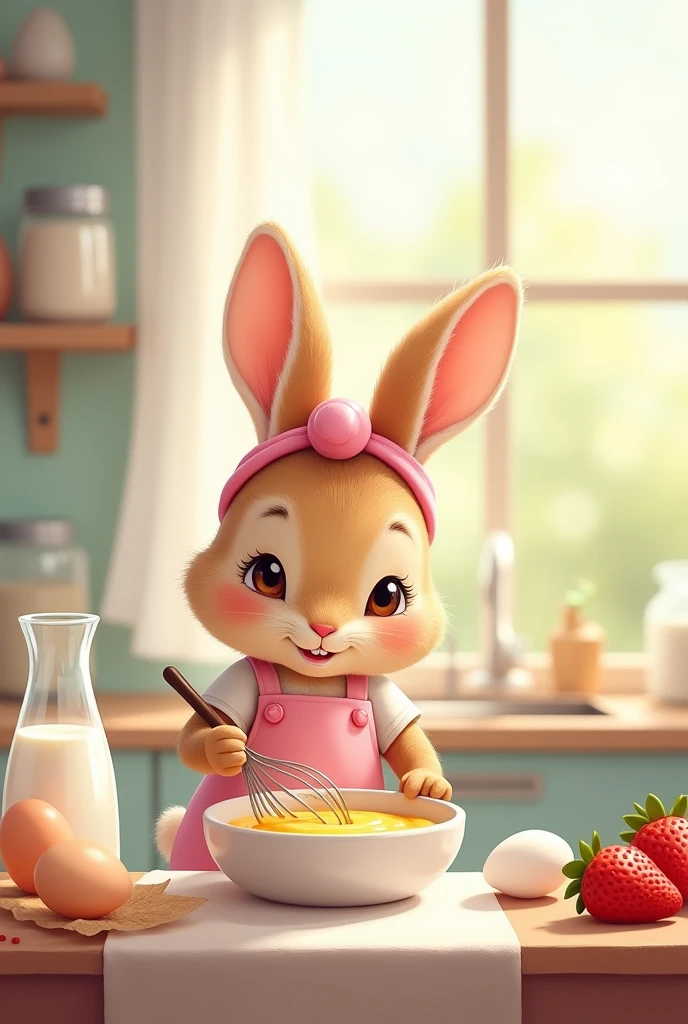 light brown bunny, female, big brown eyes, eye lashes, wearing pink apron, whisking yellow batter, simple kitchen bokeh background, baking, peter rabbit style, watercolor style, wearing pink headband, sweet bunny face, pink cheeks, eggs on the table, flour jar on the table, milk on the table, bunny ears up, happy face, smile, ears fully visible, eyes looking at the cake batter, strawberries on the table, make the scene wide
