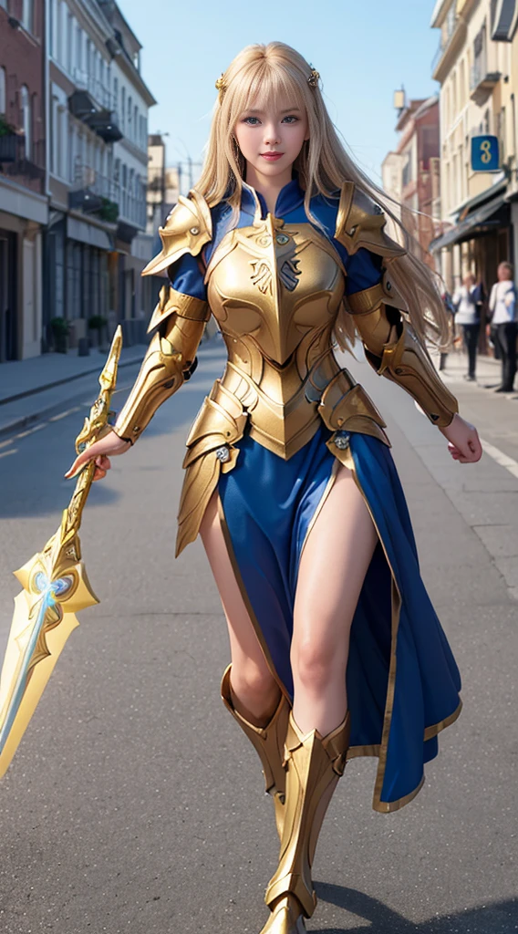 ((highest quality, 8k, masterpiece: 1.3)),Real 8K、7-Head Body Slender Beauty、Smiling, a majestic Paladin in golden armor, （Wield a sword filled with light, And a huge gold shield）. Paladin;Her blue eyes sparkle with determination as she walks down a dark, mysterious street... The glow of the Paladin&#39;The sword lit up the surroundings.., Uncover intricate details，Add a cinematic touch to your work. The overall aesthetics are、It captures the beauty and depth of the scene., Reminiscent of Fujifilm photography.　7-Head Body Slender Beauty、（A gentle smile）