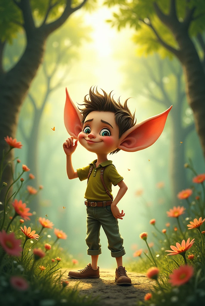 A cheerful man with big ears holds his hand near his ear, listens to sounds,