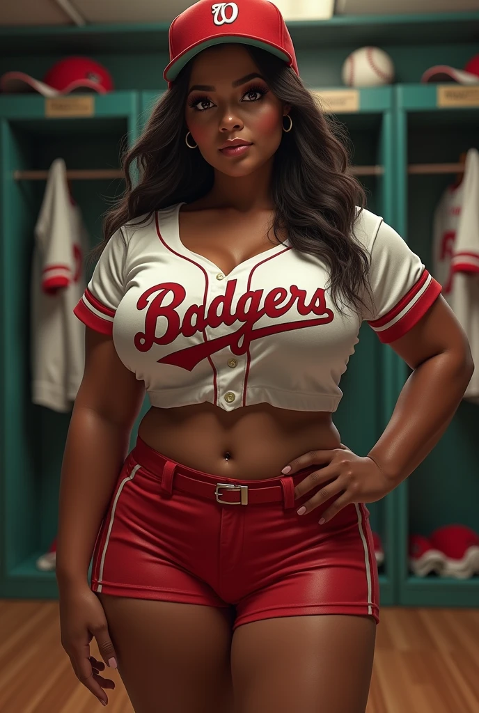 Brown skin female baseball player with skimpy uniform big breast big butt small waist in locker room
