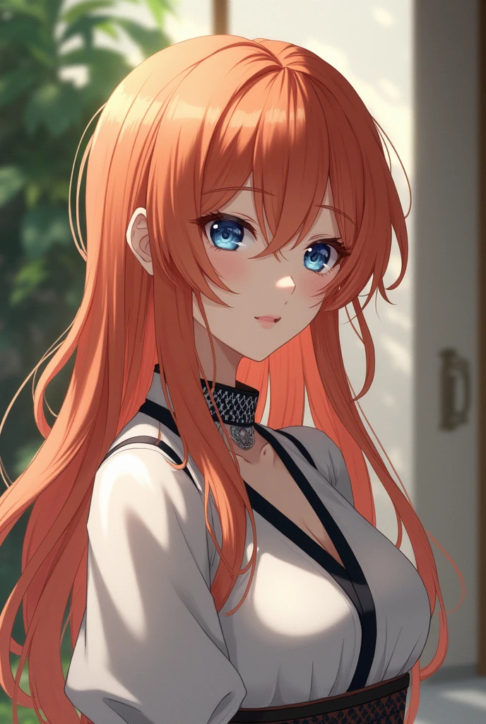 a noble, beautiful lady, orange hair, blue eyes, discreetly dressed. anime characters.