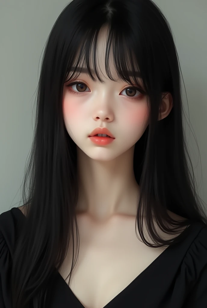 A fair complexion beautiful girl black dress good collarbone closed lips no makeup and long black straight hair