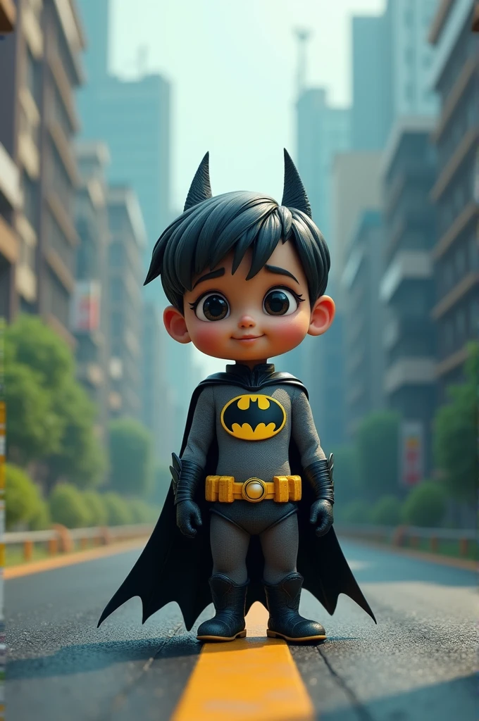 Create a 3D image, a little Indian kid on the road, the kid is wearing the iconic Batman costume, the background will be cool. 