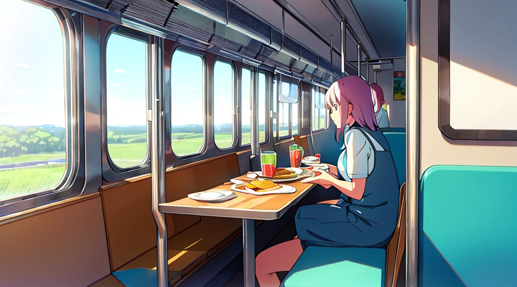 Eating breakfast at a table on the train POP pastel colour Enjoy the scenery outside through the large windows 1 person