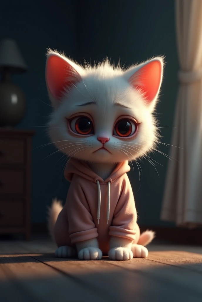 "In a dimly lit room with soft shadows、A small kitten is sitting with a sad expression。 The kitten&#39;s eyes are red and bloodshot、I can see the signs of fatigue、I have a hard time falling asleep。 She was wearing soft, fluffy loungewear.、Kitten&#39;s sad expression。The kitten has a Pixar-style design.、Her large, expressive eyes reflect sadness and tiredness.。 The overall image is、Soft, muted colors that complement the kitten&#39;s tired, sad demeanor"