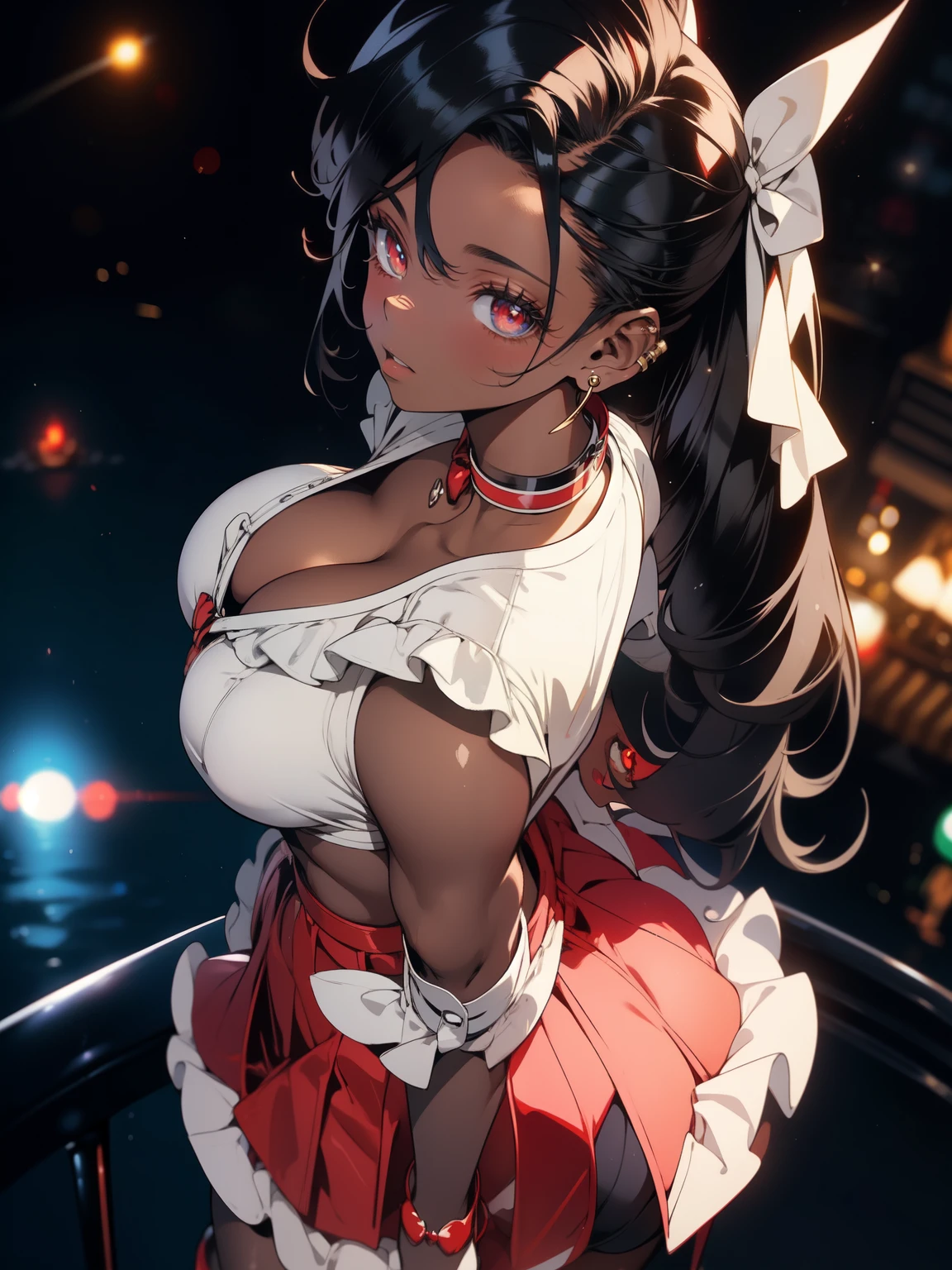 ((mature woman)), ((dark skin)), wide hips, ((milf)), sexy pose, highly detailed background, BREAK milf, ((dark skin)), cleavage, ((voluptuous body)), slender waist, thick thighs, suggestive look, shiny eyes, eye reflection, perfect eyes, pigtail, Overflowing breasts, ((Venus Body)), Mohawk hairstyle, mohawk hair, black hair, black fur, realist, a woman Shot putwearing a white blouse a short red skirt and nylon stockings, red heels, Red high heels, White shirt, short red skirt, black nylon stockings, nylon thighs, black nylon stockings, earrings, good tone, 35mm photography, Movie, bokeh, professional, 4k, Very detailed, classy, elegant, standing, back, from back, looking at viewer, full body, whole body, backwards, in a tropical style casino, tropical style casino, caribbean casino, caribbean casino, Las Vegas