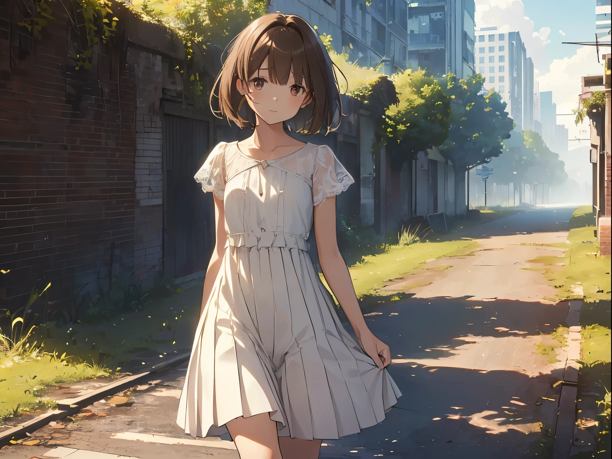(masterpiece:1.2), best quality, highres, original, (extremely detailed:1.2), ultra-detailed, wallpaper, perfect lighting,(extremely detailed CG:1.2), 8k, anime illustration, 1boy, solo, crossdressing, (brown hair, Bob hairstyle,haircut:1.1), (white knee-length dress, summer dress, pleated dress, short sleeves, lace hemline, black line bottom the dress, delicate dress, flat chest:1.2), walking in urban ruins, (urban ruins filled with natural vibes:1.2), (anatomically correct:1.5), full body, (cityscape background:0.8), overgrown plants, crumbling buildings, sunlight filtering through trees, peaceful expression, sunny