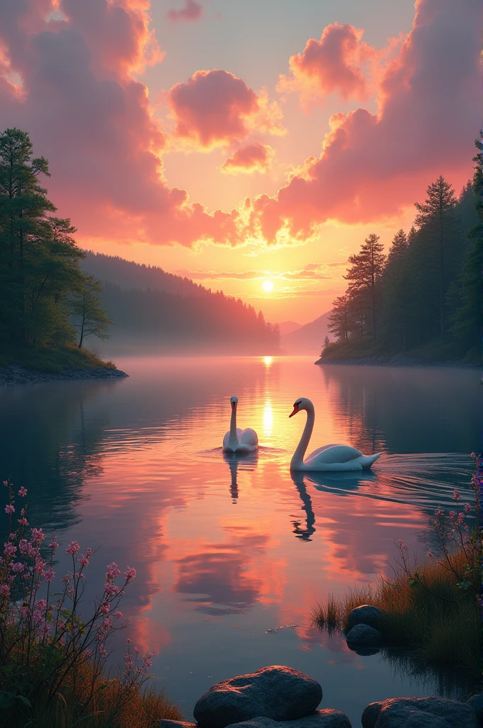 "A serene landscape at sunset featuring a calm lake surrounded by dense, green forests. The sky is a blend of orange, pink, and purple hues reflecting on the water. In the foreground, there are a few small rocks and wildflowers gently swaying in a soft breeze. A pair of swans are gracefully gliding on the lake, leaving gentle ripples in their wake. The overall atmosphere is peaceful and tranquil, evoking a sense of calm and natural beauty."