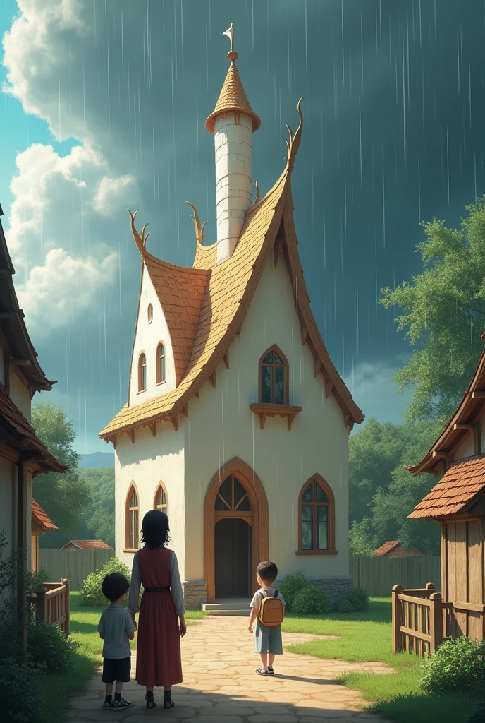 One small village in this village there is one big paper house a family standing outside of his house and seeing heavy rain