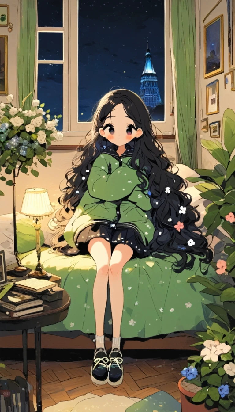 (masterpiece, best quality:1.2), 1girl, solo, beautiful, long hair, black hair, cozy room, lo-fi style, full body, window, nights, flower pots, table, lamp,
