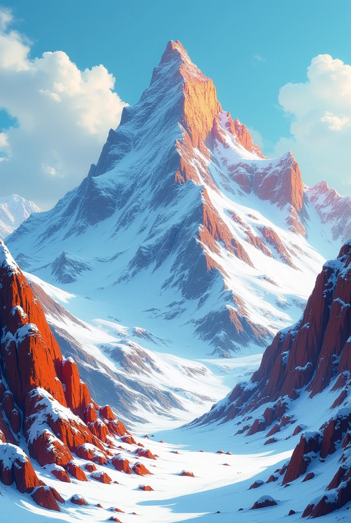 Un pic de montagne enneigé. Les couleurs de la montagne doivent être vives. La neige bien blanche dans un style bande dessinée 2D. Les couleur doive apparaître comme crayonner au crayon de couleur