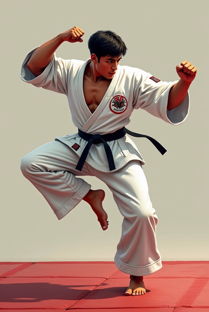 Young man doing kick on kumita mat thats have very muscular muscels wearing karate uniform with vaibhav name typed logo