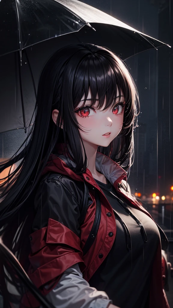 One girl, Red eyes, High-resolution model, Black Hair, Rainy night，