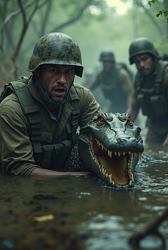 The Horror Unfolds
The camera shifts between different groups of soldiers, showing the relentless attack of the crocodiles