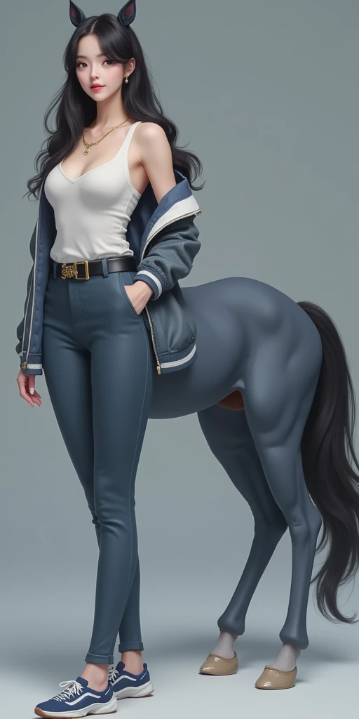 masterpiece,(Best quality:1.3),Centaur girl,lora:Centaur girlV1.0:0.6,(Icefield:1.3),(Head and body 1:9:1.3)Nine-head body,I am a female college student,Elegant, beautiful and elegant,All four legs are wearing school uniforms,White Knit Top Sweater,Sports jacket,Beautiful body,Black and white student uniform,Wear a student uniform that fits you well,I wear student,((Black work suit: 1.6)),Smooth skin,Black Hair,Perfect facial features,Full breasts,(Gold necklace: 1.4),(Blue sneakers: 1.6),Fair and translucent skin,Pale skin,Peach-like skin,The milky white porcelain skin of the eggs