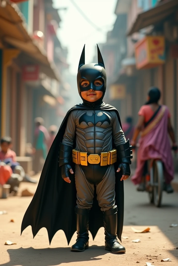 Create a realistic photo, a little Indian kid on the road, the kid is wearing the iconic Batman costume, the background will be cool.
