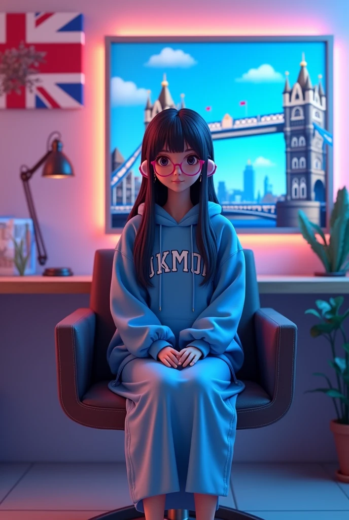 create a 3d Anime character and she was sitting straight on the chair with table her room was UK theme studio with london bridge and famous university of london in wall frame and she have a earbuds wear a blue hoodie  with long skirt UKMON written on it with pink eye glass ang long straigh hair and her position was straight and background light was blue and pink and aspect ratio is 16:9 for Youtube