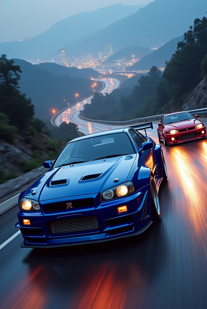 Nissan gtr r34 bleu kit large et une mitsubishi lancer evolution 9 tuning font la course  sur une route de montagne sinueuse, ville en contre bas, nuit, Lignes de Vitesse, Résolution Haute, Récompensé plusieurs fois, Œuvre d'art, De Derrière, Vues Multiples, 