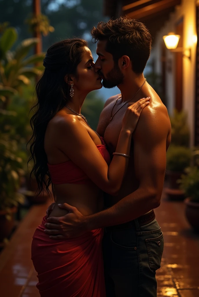 photo of Voluptuous Mature Indian Aunty, Dusky skin and Wet body, Nude, Standing on Verandah and Kissing a Young Man sensually on Lips, dim light in the room.