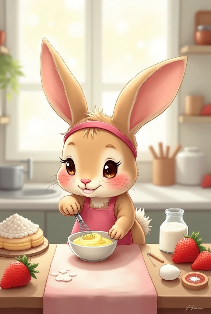 light brown bunny, female, big brown eyes, eye lashes, wearing pink apron, whisking yellow batter, simple kitchen bokeh background, baking, peter rabbit style, watercolor art, wearing pink headband, sweet bunny face, pink cheeks, eggs on the table, flour jar on the table, milk on the table, bunny ears up, happy face, smile, ears fully visible, eyes looking at the cake batter, strawberries on the table, 