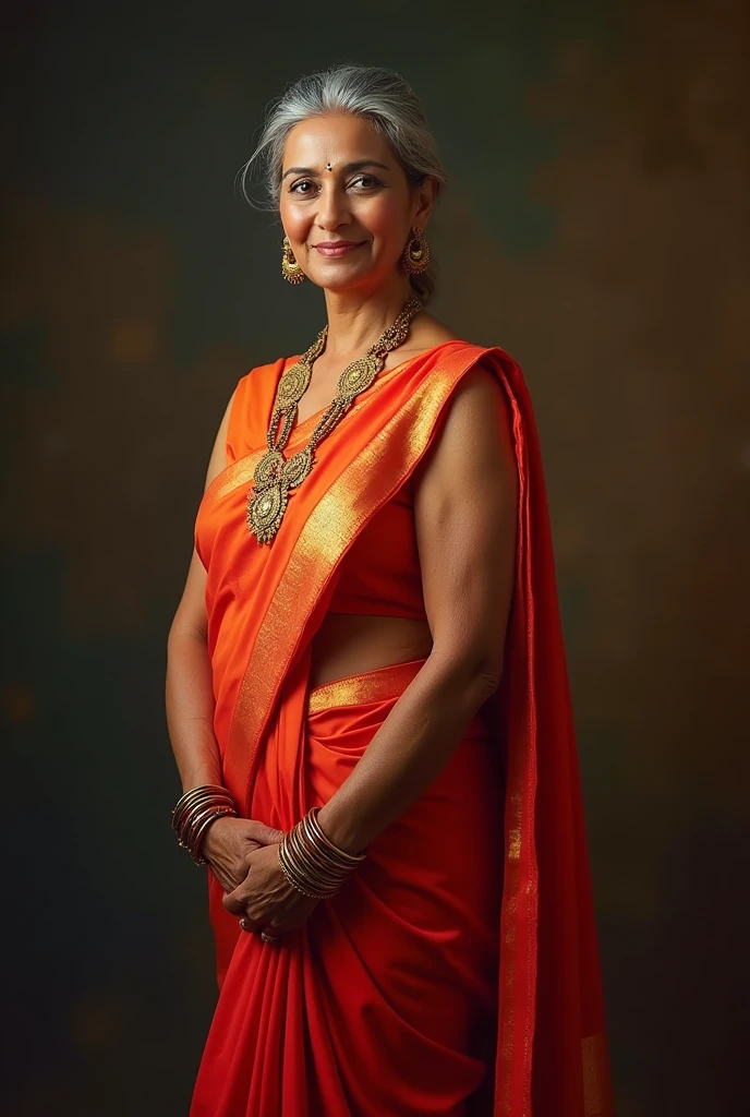 In a picturesque scene, a mature Indian actress, 2, very beautiful and young,  stands poised in a vibrant saree, her muscular physique exuding strength and grace. The image, likely a photograph, captures her regal presence and confident stance. Every fold of the fabric and curve of her body is meticulously highlighted, showcasing her beauty and resilience. The backdrop complements her aura, adding depth and richness to the composition. This masterful depiction elevates the subject, celebrating her age, beauty, and cultural heritage in a stunning display of artistry.