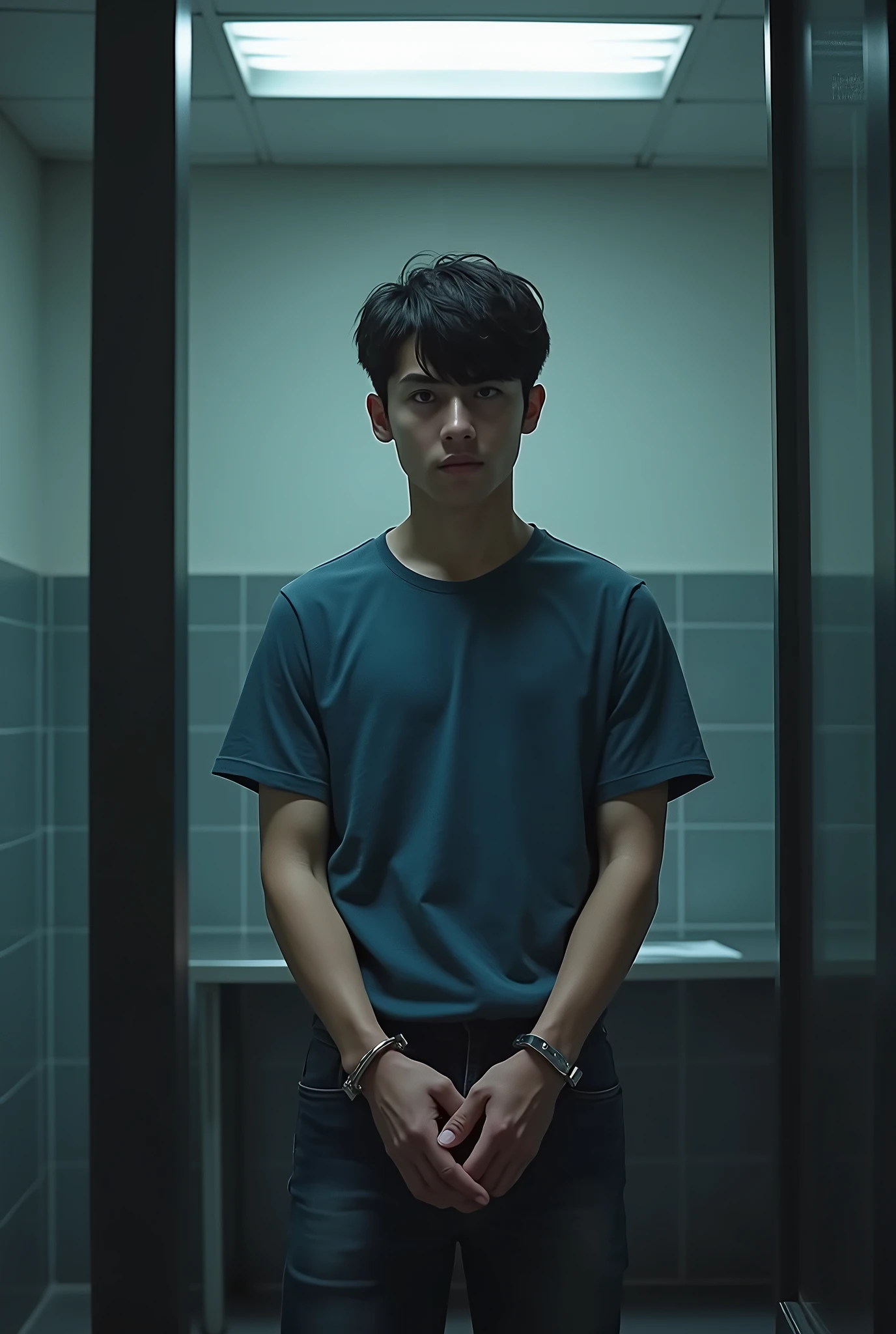 1male (20year old),short hair,Black hair,Black eyes,Blue T-shirt,jeans,(collapse),Hands are handcuffed,In the interrogation room of the police station