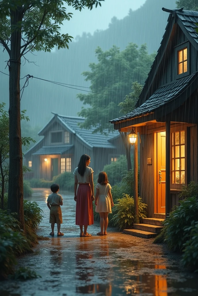 One small village in this village there is one big news paper house a family standing outside of his house and seeing heavy rain