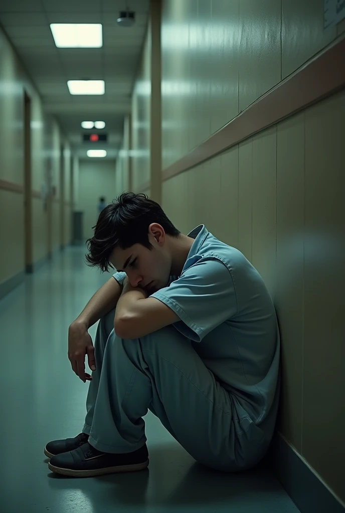 A mentally harrassed frustrated young male nurse who loose all hopes sitting on the corridor 
