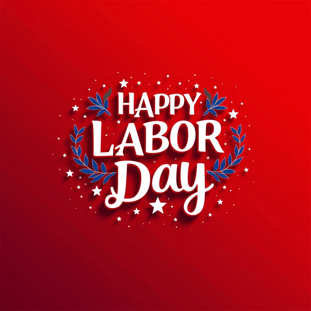 beautiful design of labour day in USA. use white, red and blue colors on the entire design including the fonts and objects. Write on it "happy labor day". Use red as background and white color for fonts. Use beautiful and nice fonts