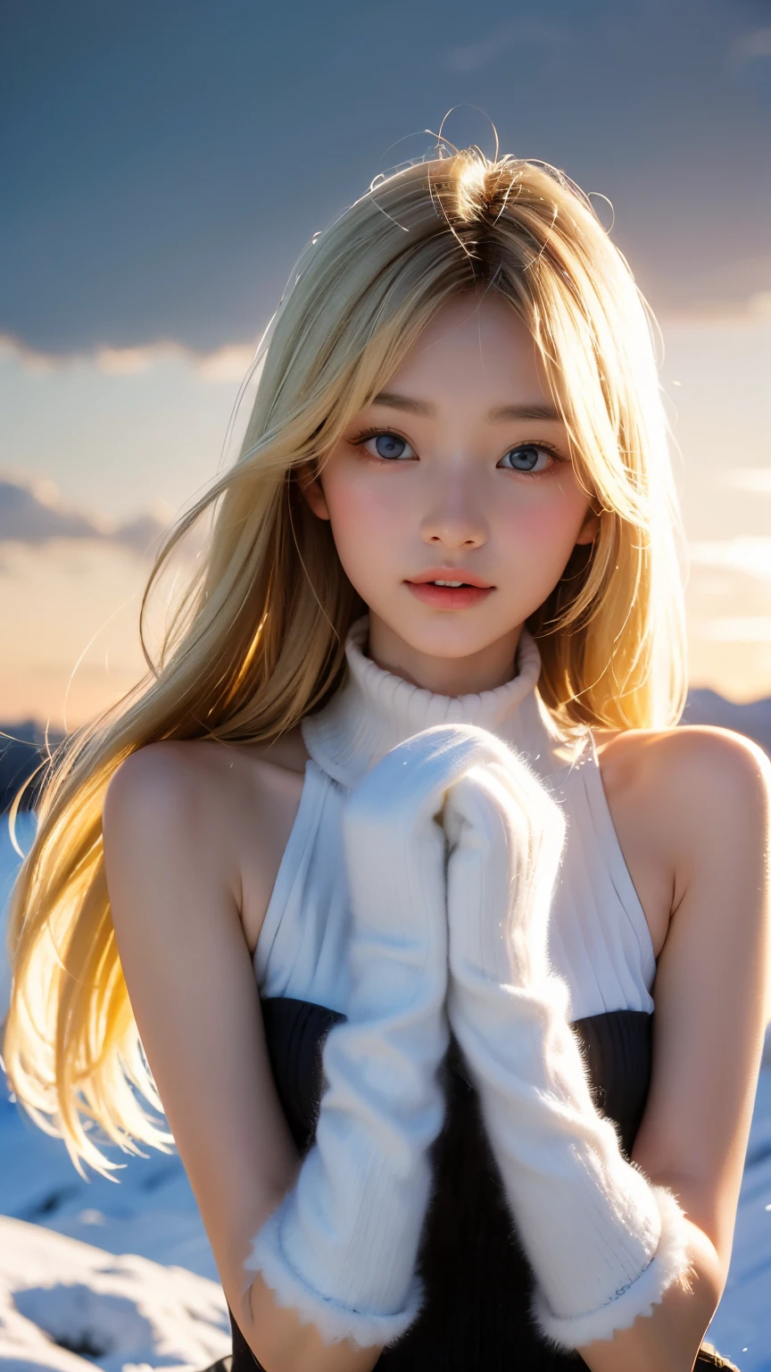 alone, very beautiful nordic girl、Shiny light blonde hair, Beautiful super long straight dazzling bright blonde hair blowing in the strong wind,Long bangs obstruct the view、Hair between the eyes、bright light gray eyes that shine beautifully,Detailed face, White and beautiful skin、Cheek gloss highlighter、Mittens, Snow Forest, Attractive areas, (Blushing your nose, Heavy breathing:1.1), (dark:1.4)、Small Face Beauty,((平らな胸)),
