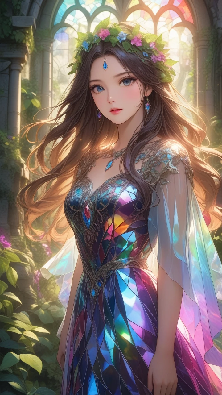 1girl solo, detailed beautiful face, detailed eyes, detailed lips, long flowing hair, serene expression, ornate fantasy dress, standing in a lush garden, ancient stone ruins, sunlight filtering through stained glass, dramatic lighting, ethereal atmosphere, intricate floral patterns, overgrown vines,cinematic composition,breathtaking landscape,dramatic colors,vibrant jewel-toned palette, transparent color PVC clothing, transparent color vinyl clothing, prismatic, holographic, chromati caberration