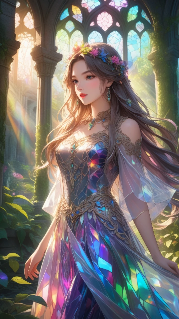 1girl solo, detailed beautiful face, detailed eyes, detailed lips, long flowing hair, serene expression, ornate fantasy dress, standing in a lush garden, ancient stone ruins, sunlight filtering through stained glass, dramatic lighting, ethereal atmosphere, intricate floral patterns, overgrown vines,cinematic composition,breathtaking landscape,dramatic colors,vibrant jewel-toned palette, transparent color PVC clothing, transparent color vinyl clothing, prismatic, holographic, chromati caberration