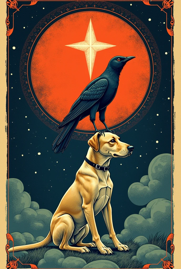 a poster with a bird and a star on it, poster art by Tim Biskup, featured on behance, international typographic style, illustrated poster, poster illustration, dayer diego artwork, divine god, poster design, book cover illustration, three eyed goddesses, fungal god, vintage typography, dog as a god, fallen god, glorified image