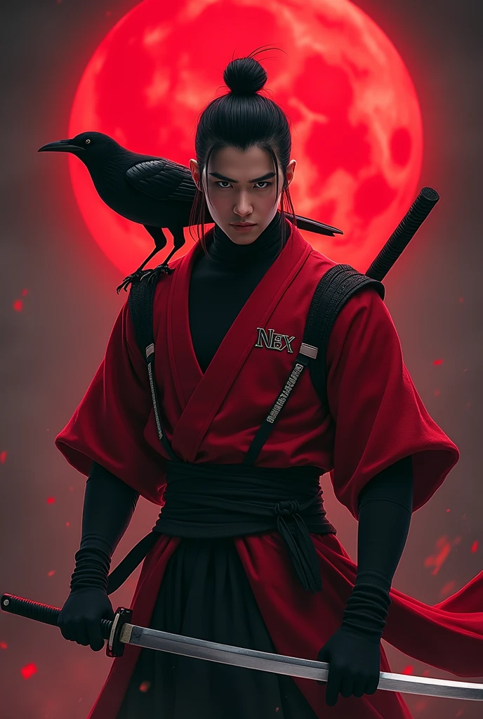 Handsome Asia with no beard or mustache ninja with red and black outfit and he holding katana resting and the background is red moon and the name is on his Right chest sign "NEX" and the pet crow on his left shoulder