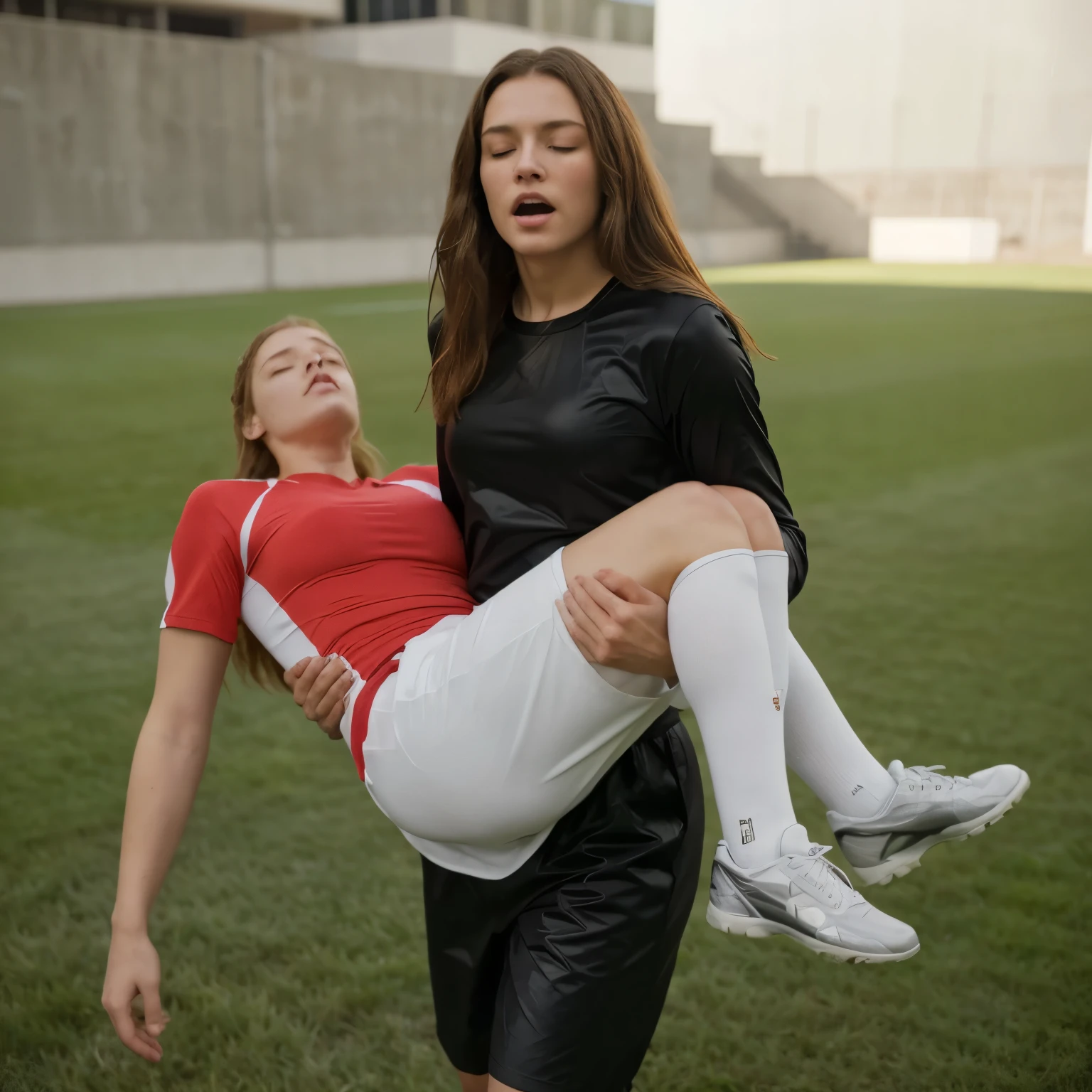 a man is carried, a woman in glossy black clothes, a consciousless man in red and white sportswear, soccer action pose, affection pose, lecherous action pose, dramatic action pose, theatralic pose, there is an attractive woman that is carrying a skinny man, there is a beautiful woman in a shiny coat who is carrying a blond man in her arms, a longhaired beautiful woman in a high-shine black puffy coat, a longhaired woman in a shiny downcoat, a woman is carrying a shorthaired man who is wearing matte cotton shorts and a matte cotton t-shirt, a weak man in matte cotton sports shorts is consciousless and needs to be carried, a shorthaired man with closed eyes is carried in the arms of a longhaired woman, a woman looks very scared and terrified, a consciousless man with closed eyes is suffering very much and has a very painful face, photo, photo shoot, photographed , accident, help, aid, first aid, pity