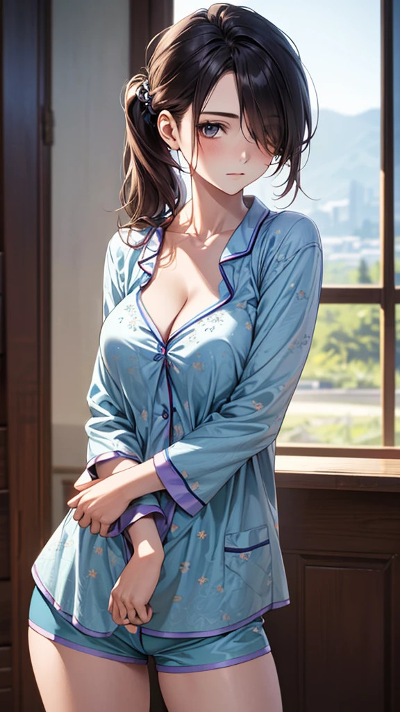 (SFW:1.5) ,Ultra high definition, High detail, Textured skin, retina, High resolution,
(masterpiece:1.2, top-quality), (realistic, photorealistic:1.4), beautiful illustration,
looking at viewer, front view:0.6,
1 girl, japanese, high school girl, blown hair, (side ponytail), hair over one eye, large breasts:0.8,
beautiful hair, beautiful face, beautiful detailed eyes, beautiful clavicle, beautiful body, beautiful chest, beautiful thigh, beautiful legs, beautiful fingers,
(beautiful scenery), Residential area
((Sky blue nightwear、Pajama fabric shorts、Cleavage)),
(Cowboy Angle:1.5)(Girl's room at home、Scene of sleeping on bed、Lying down:1.5)(I'm not feeling well、Have a fever:1.5)(Sweat)(Window view)