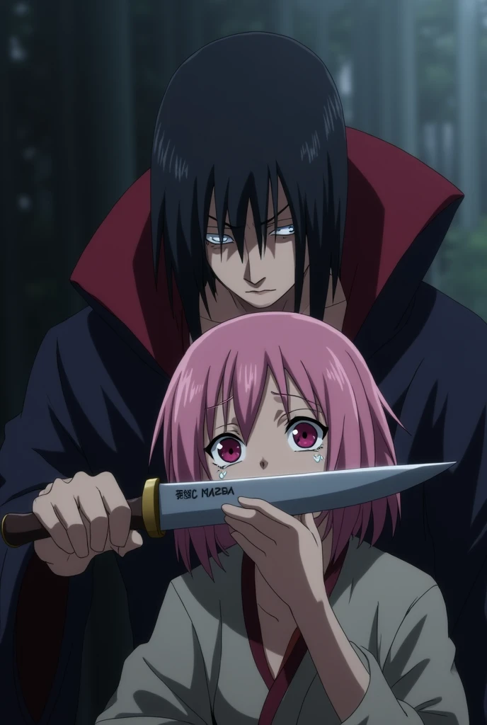 Sakura from Naruto anime was kidnapped by Madara Uchiha, who put his hand on her mouth and waved a knife at her neck, and she was scared and crying.