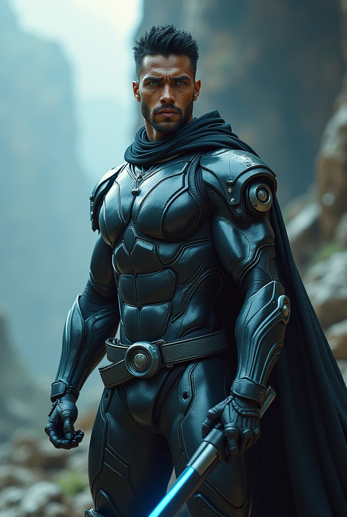 a muscular Brazilian man with beautiful detailed eyes, beautiful detailed big lips, extremely detailed face, blue eyes,chiseled abs, short black hair, Glistening body, wearing a futuristic armor suit, laser weapon, alien environment background , dramatic lighting, photorealistic, ultra-detailed, 8k, best quality, masterpiece