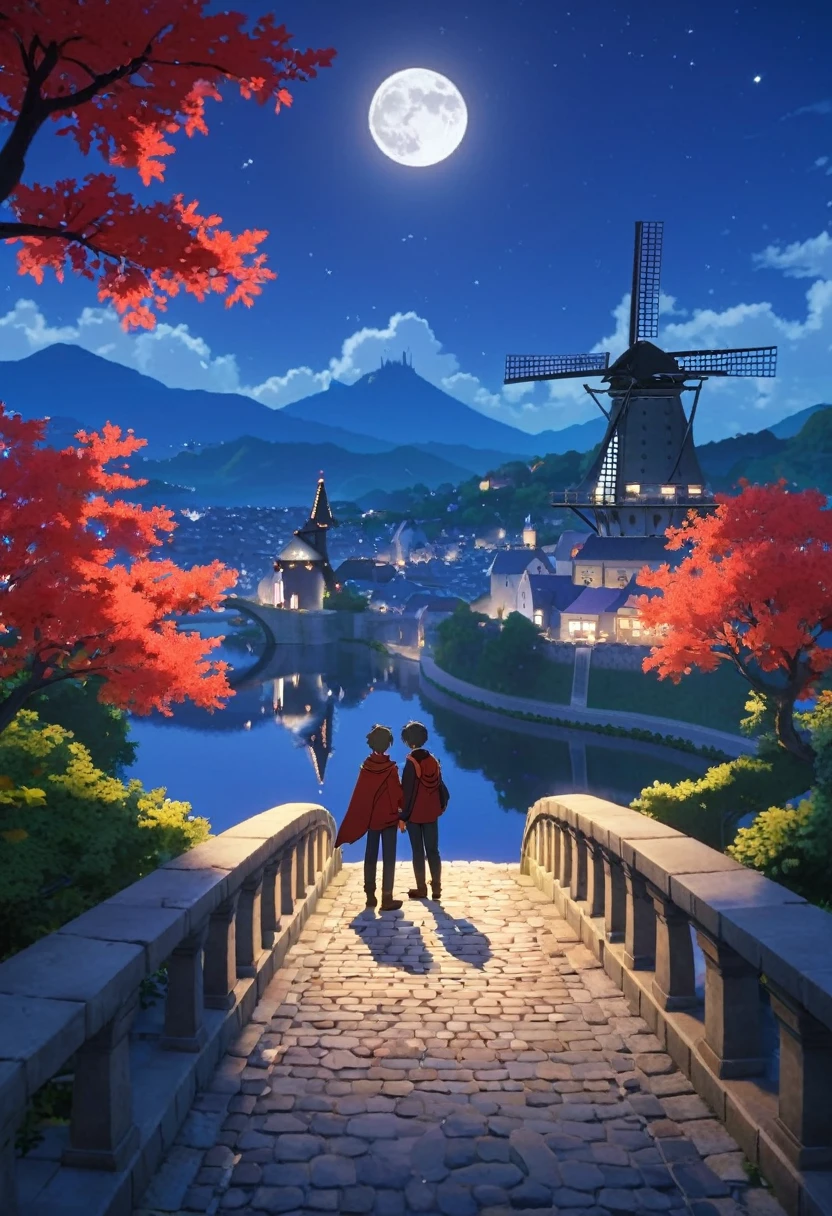 An anime-style scene set in the tranquil city of Mondstadt, inspired by Genshin Impact. (Two male lovers characters) stand on a charming stone bridge under the soft glow of the full moon. A vivid, glowing red thread connects them, symbolizing their intertwined destinies. One character is Caucasian and has gentle gray eyes that radiate kindness, accompanied by a warm, serene smile, while the other is Latin american and delicately holds the thread with a tender expression. The detailed cityscape features iconic windmills, cobblestone streets, and vibrant blooming flowers, all bathed in the moon's soft light. The red thread stretches into the distant horizon, representing a journey of love and destiny. The title of the song, 'Rencontre du Destin,' is subtly inscribed in the corner of the image, blending seamlessly with the overall aesthetic without disrupting the scene's harmony.