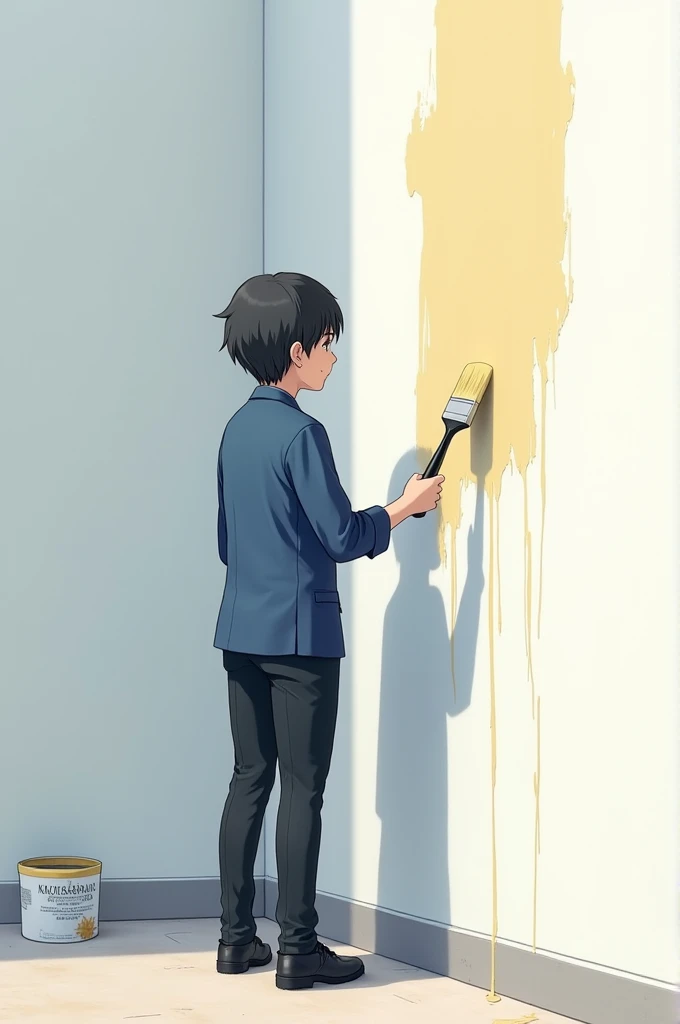 Create me a student's who hold paint brush and paint while painting the wall , they're wearing blue uniform and black pants and skirts