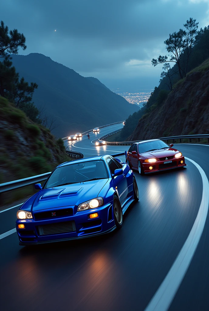 Nissan gtr r34 bleu kit large et une mitsubishi lancer evolution 9 tuning font la course  sur une route de montagne sinueuse, ville en contre bas, nuit, Lignes de Vitesse, Résolution Haute, Récompensé plusieurs fois, Œuvre d'art, Lignes de Mouvement, Éblouissement, 