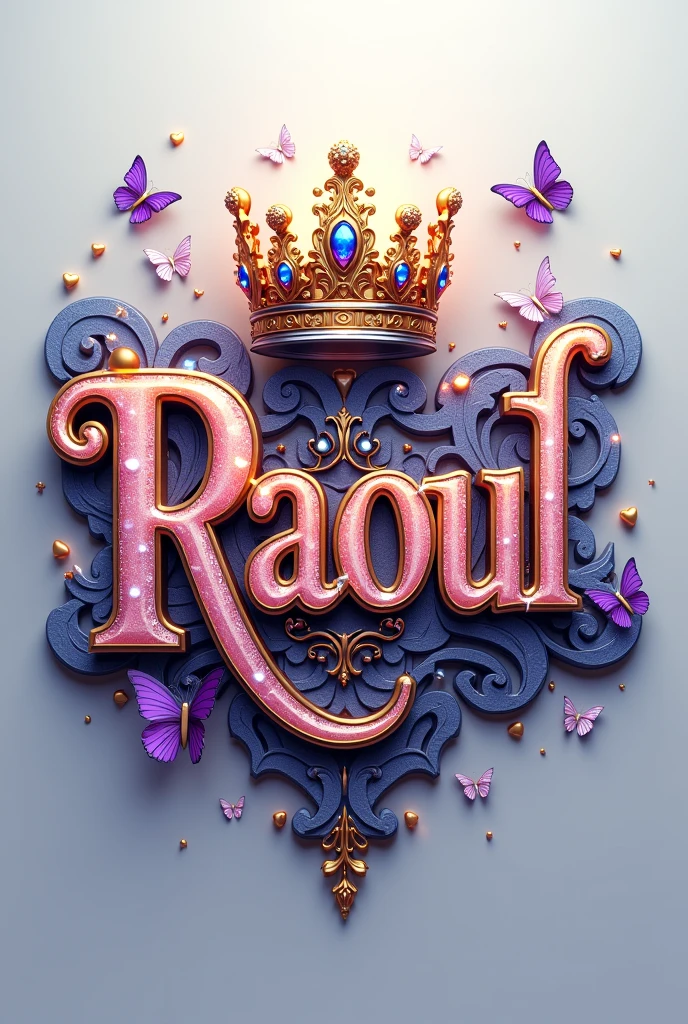 A mesmerizing 3D render illustration of the name "RAOUL" in exquisite, ornate letters, illuminated with a royal purple hue. The letters are adorned with shimmering gemstones, intricate designs, and a touch of elegance, reflecting the epitome of luxury and sophistication. Perched above the name, a majestic crown crafted from gold and purple and black materials glistens with additional gemstones, emanating an aura of grandeur. Set against a light gray backdrop, the composition is further enriched with delicately scattered butterflies and hearts, adding to the sense of regal beauty and royal magnificence. The overall atmosphere is one of opulence and refinement, capturing the essence of a royal lineage., 3d render, illustration, vibrant, graffiti, anime