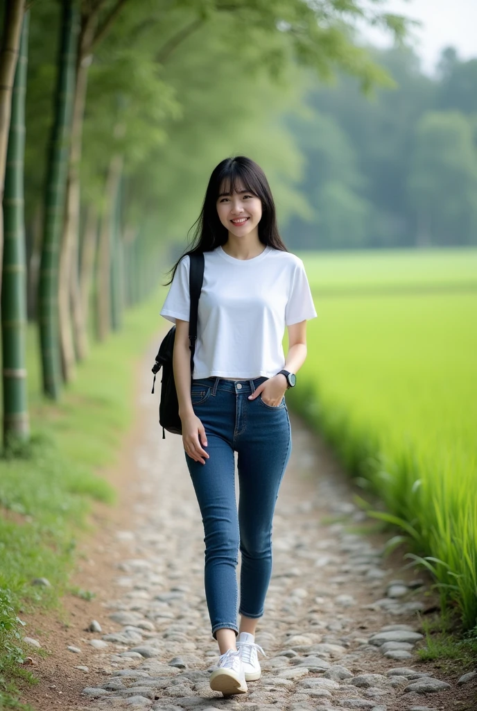 a beautiful korean woman, smooth white skin, clean well maintained face,black hair korean style, bangs .jaket jeans hitam, white logo t-shirt ( feel) , celana cropped hitam,,white sneakers, black cool watch, backpack, Face walking smiling, down the rocky path,sisi jalan banyak bunga mawar, There are bamboo trees on the left and right of the road ,Background,beautiful village looks very amazing lush rice fields real realistic photo. 