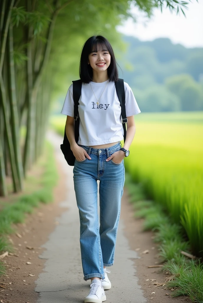 a beautiful korean woman, smooth white skin, clean well maintained face,black hair korean style, bangs .jaket jeans hitam, white logo t-shirt ( feel) , celana cropped hitam,,white sneakers, black cool watch, backpack, Face walking smiling, down the rocky path,sisi jalan banyak bunga mawar, There are bamboo trees on the left and right of the road ,Background,beautiful village looks very amazing lush rice fields real realistic photo. 